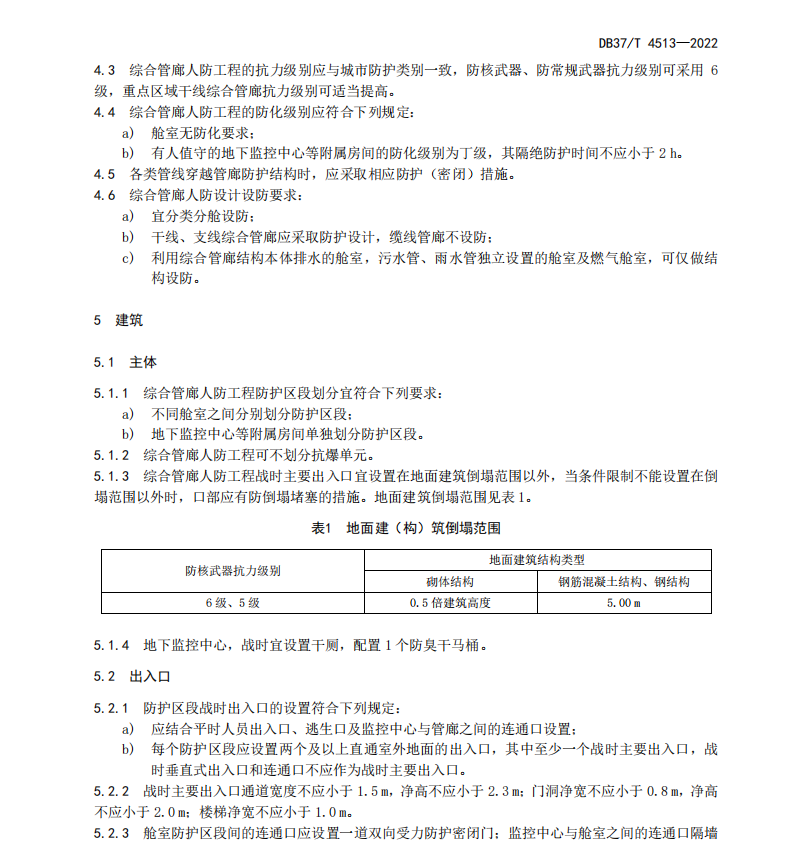 DB37T 4513-2022 城市地下綜合管廊工程人民防空設(shè)計(jì)規(guī)范