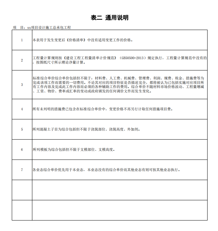 最新總承包工程綜合單價(jià)參考表