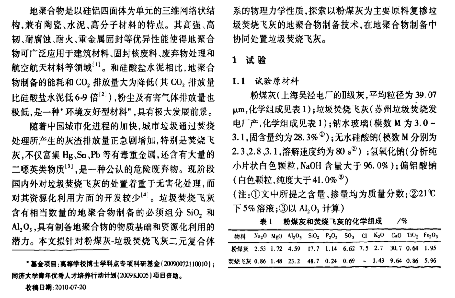 粉煤灰-垃圾焚燒飛灰二元地聚合物的制備研究