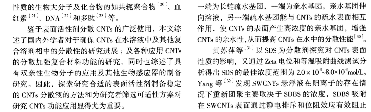 關(guān)于表面活性劑應(yīng)用于碳納米管分散處理的研究現(xiàn)狀