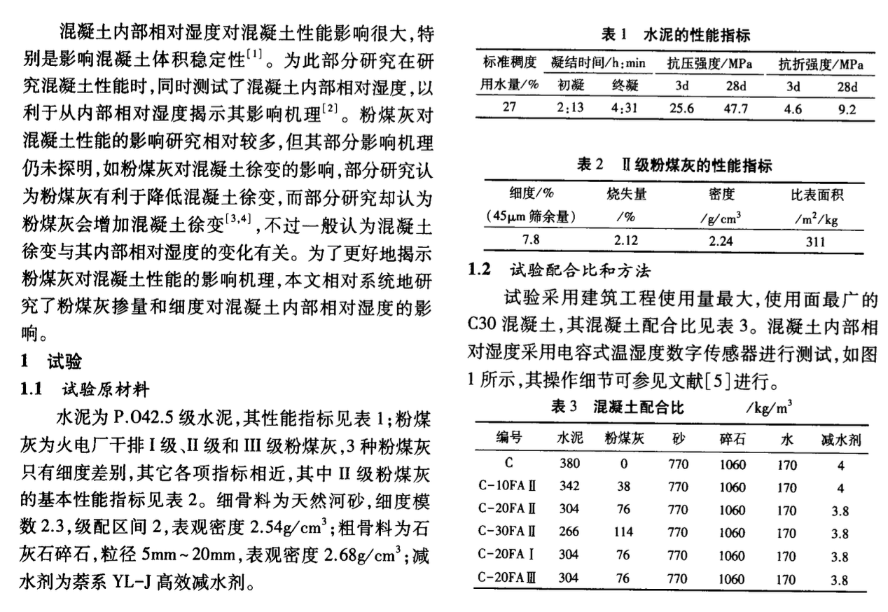 關(guān)于粉煤灰對混凝土內(nèi)部相對濕度的影響