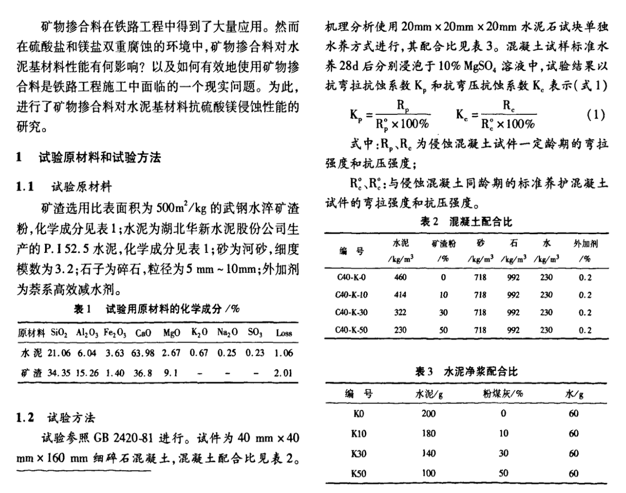 關于礦渣摻量對水泥基材料抗硫酸鎂侵蝕性能影響的研究