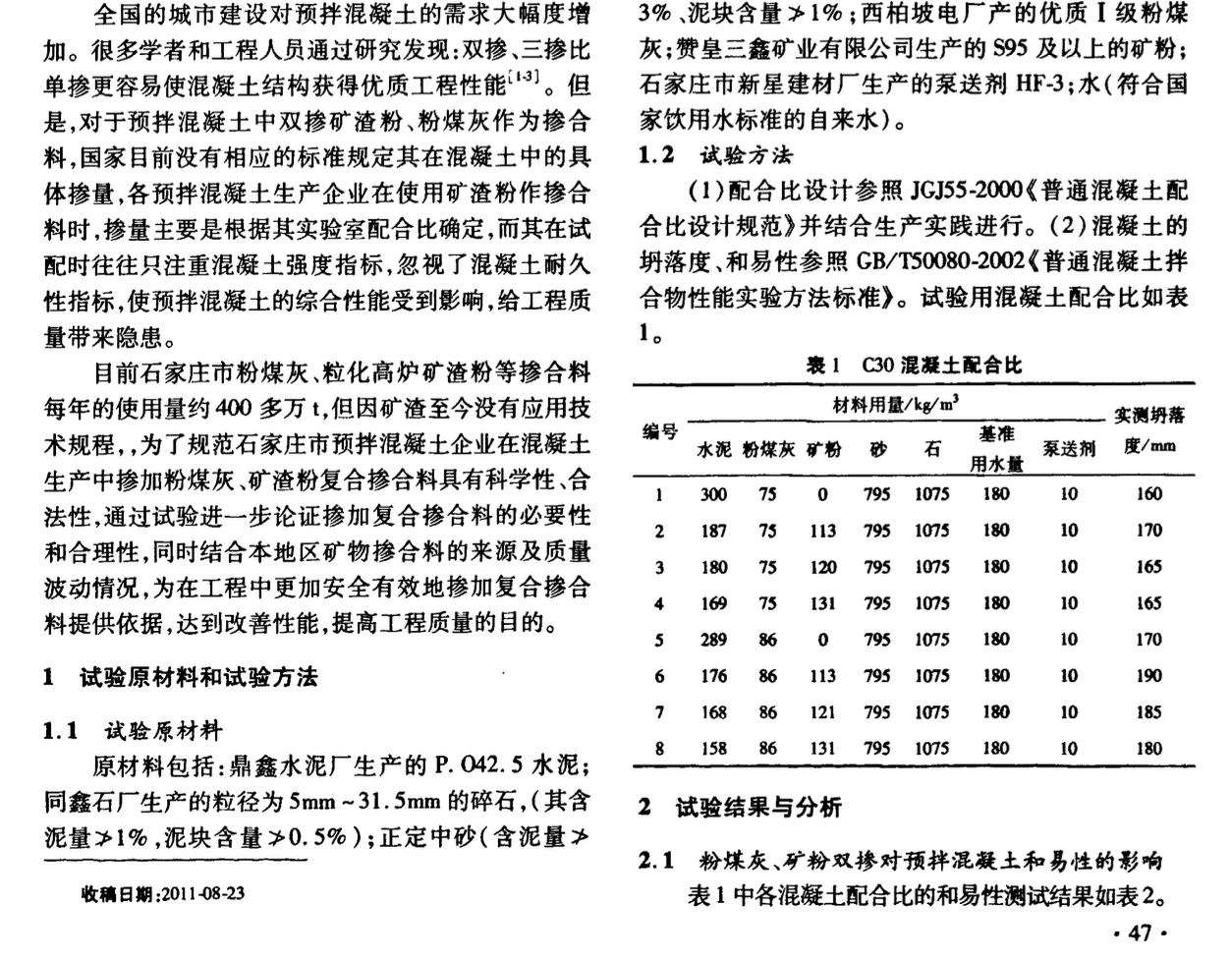 关于预拌混凝土中双掺粉煤灰和矿渣粉的研究与应用