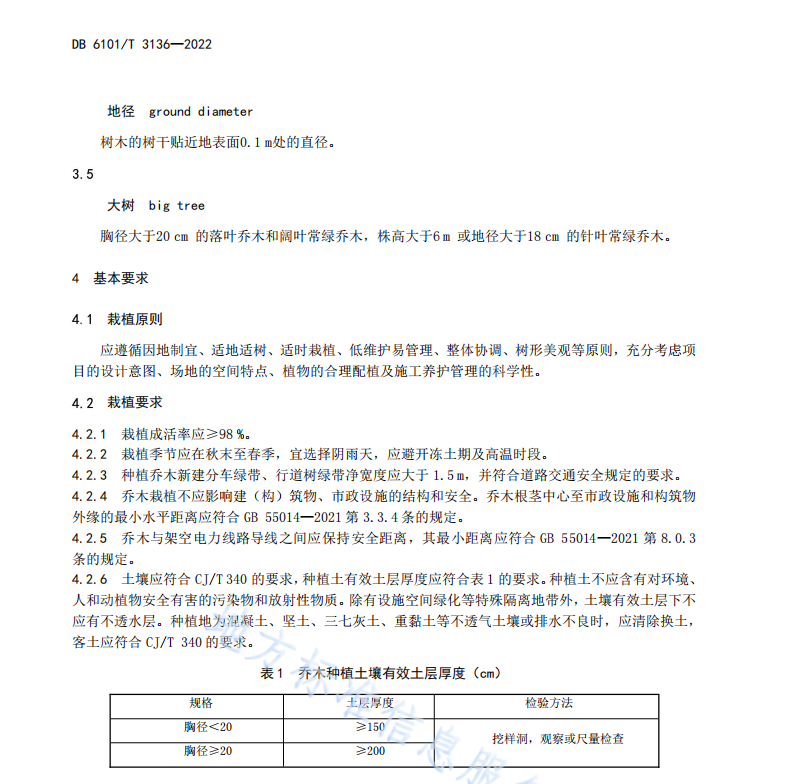 DB6101T3136-2022 城市园林绿化 乔木栽植技术规程