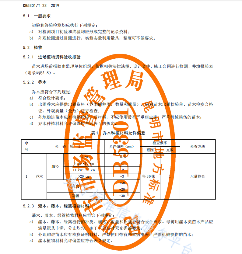 DB 5301T 23—2019 园林绿化工程验收规范