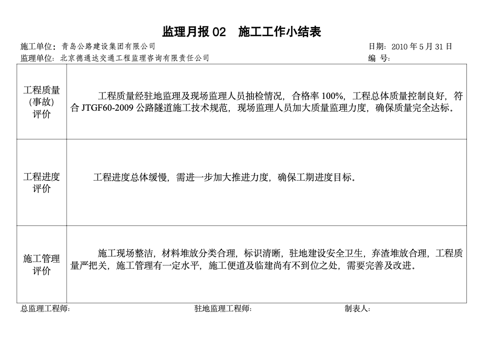 路基、桥涵及隧道工程监理月报