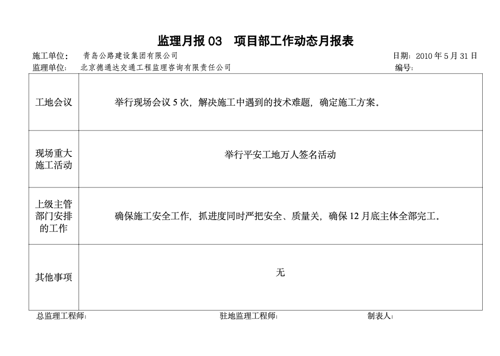 路基、桥涵及隧道工程监理月报