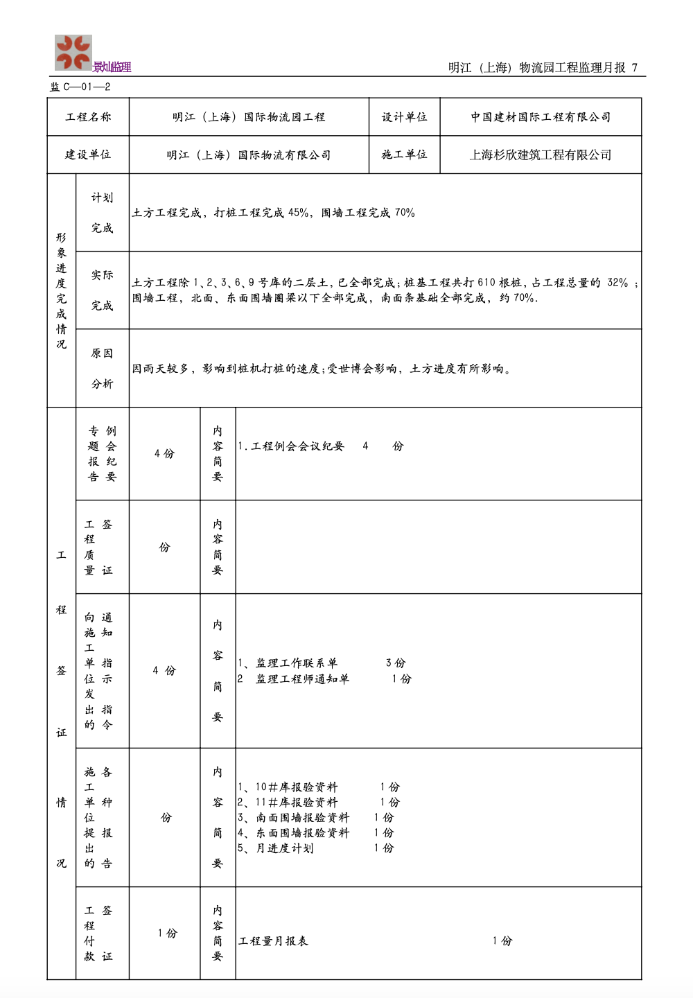 明江（上海）国际物流园工程建设监理工作月报