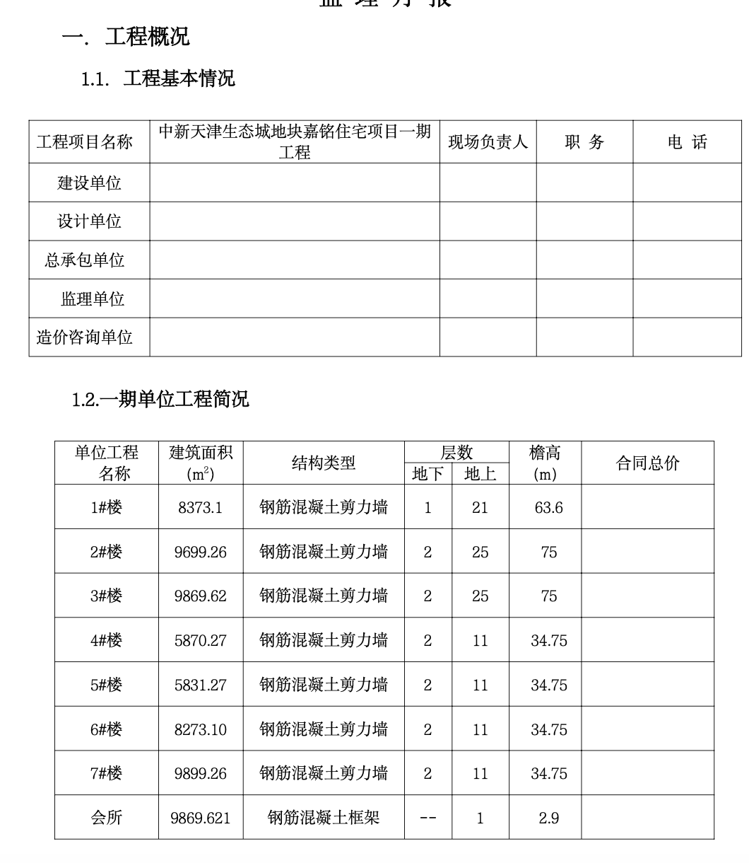 某地块住宅项目一期工程监理月报