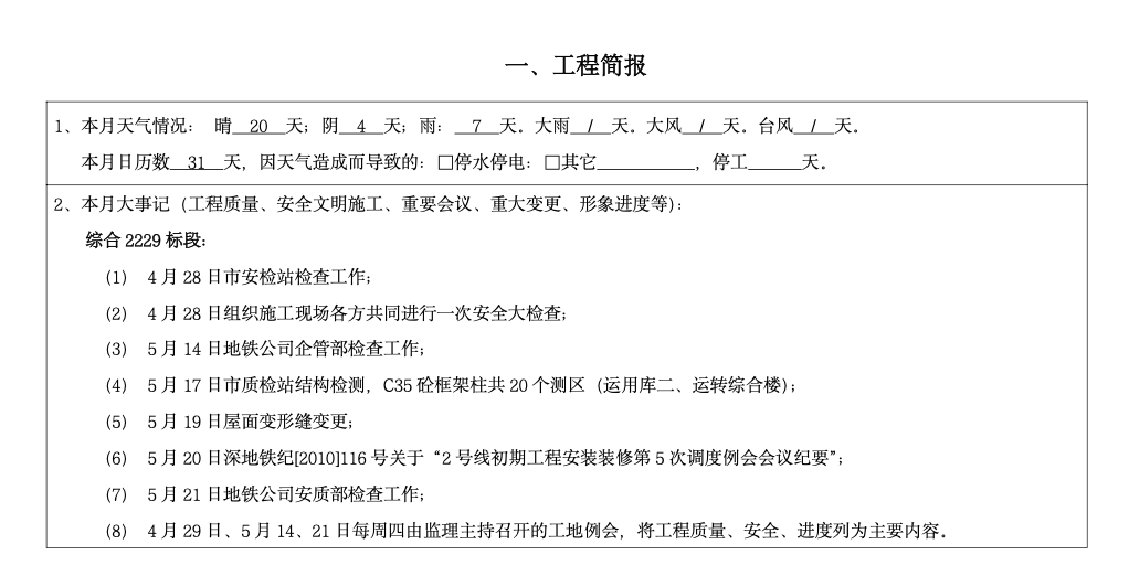 深圳地铁2号线工程建设监理月报