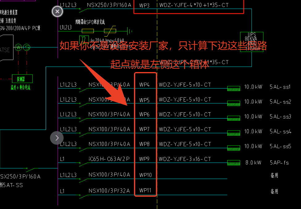 请问WP3回路的电缆走向是从哪到哪？怎么计算其工程量？WP4~WP9的起点是？