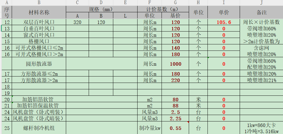 空調(diào)設(shè)備價(jià)格計(jì)算表