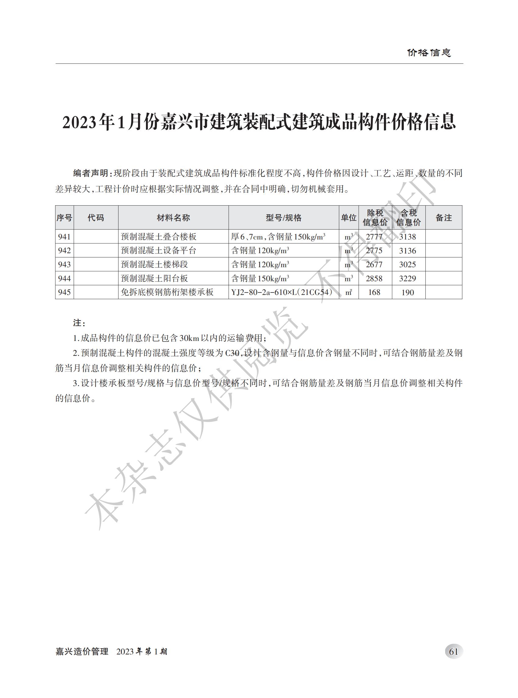 2023年嘉兴造价管理综合信息1月刊