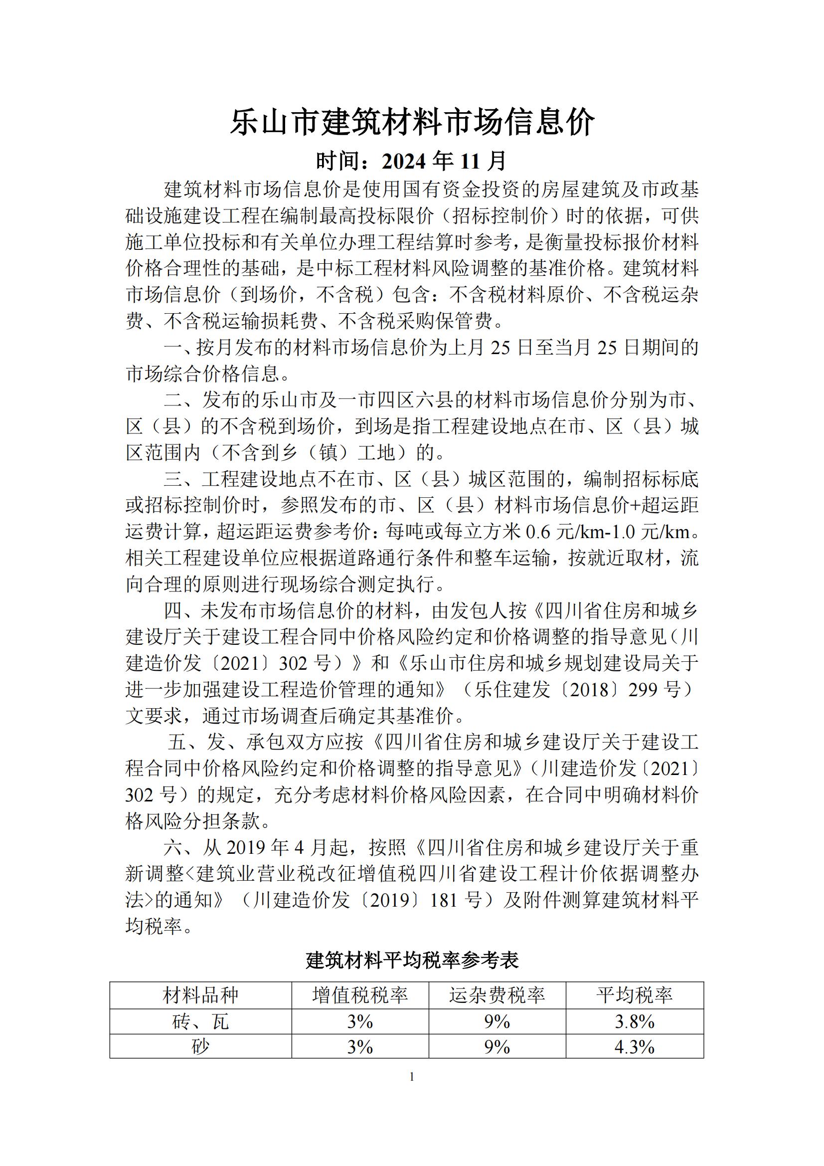 乐山市建筑材料市场信息价2024年11月