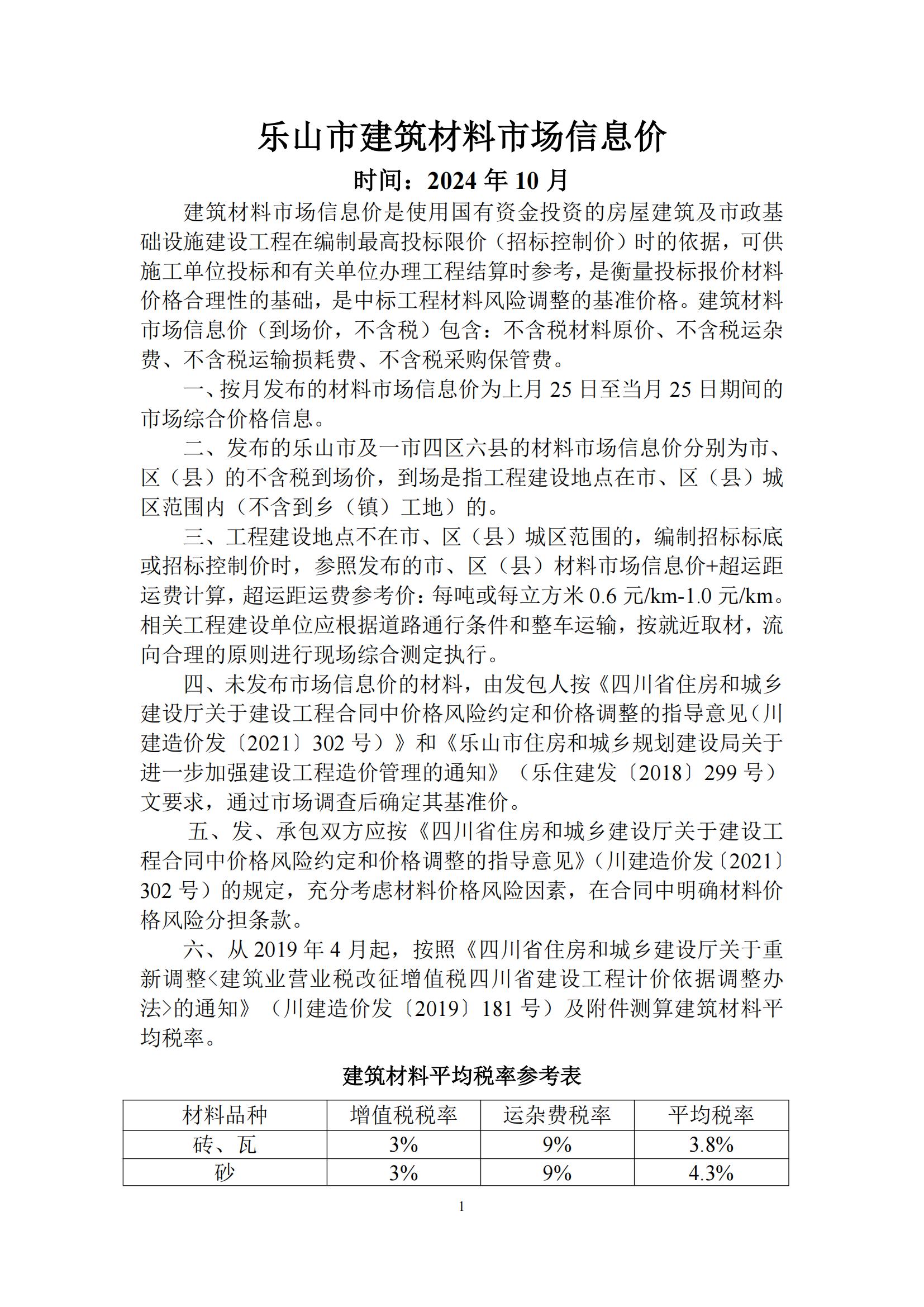 乐山市建筑材料市场信息价2024年10月