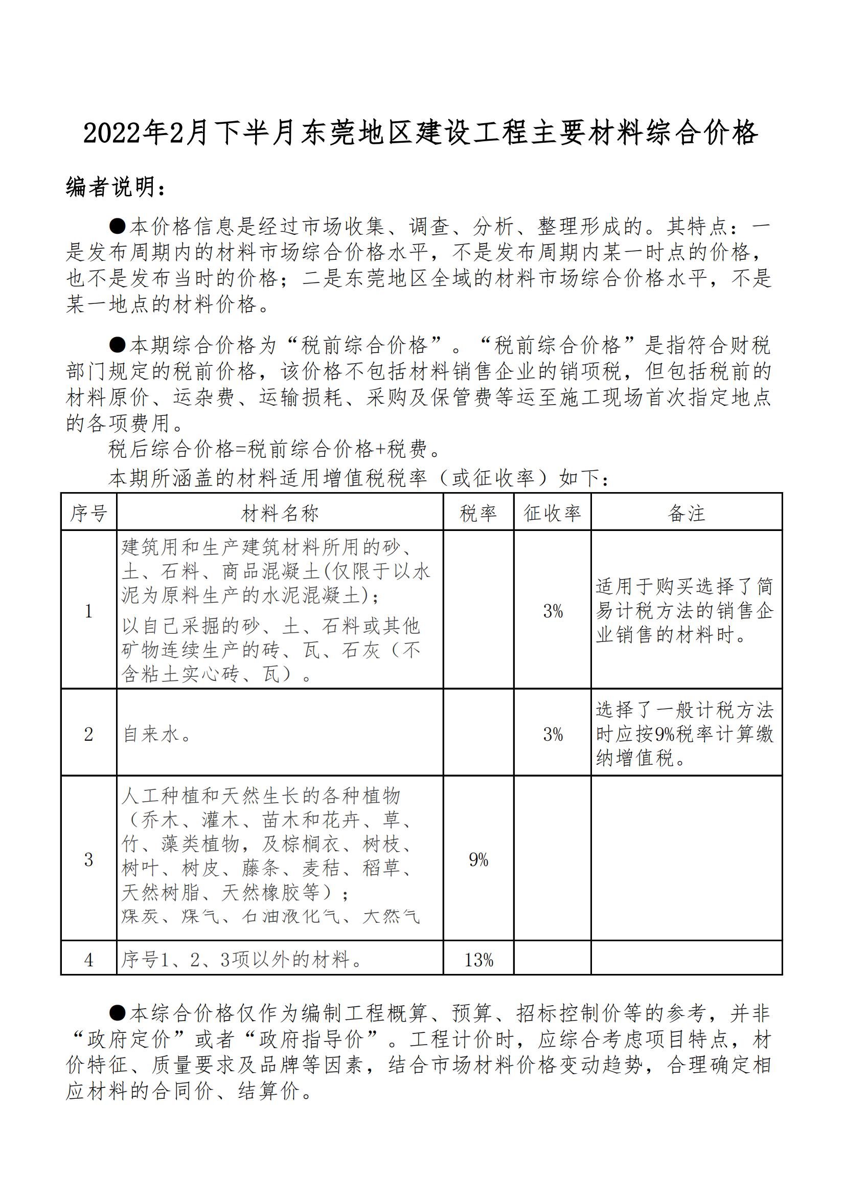 2022年2月下半月东莞地区建设工程主要材料综合价格