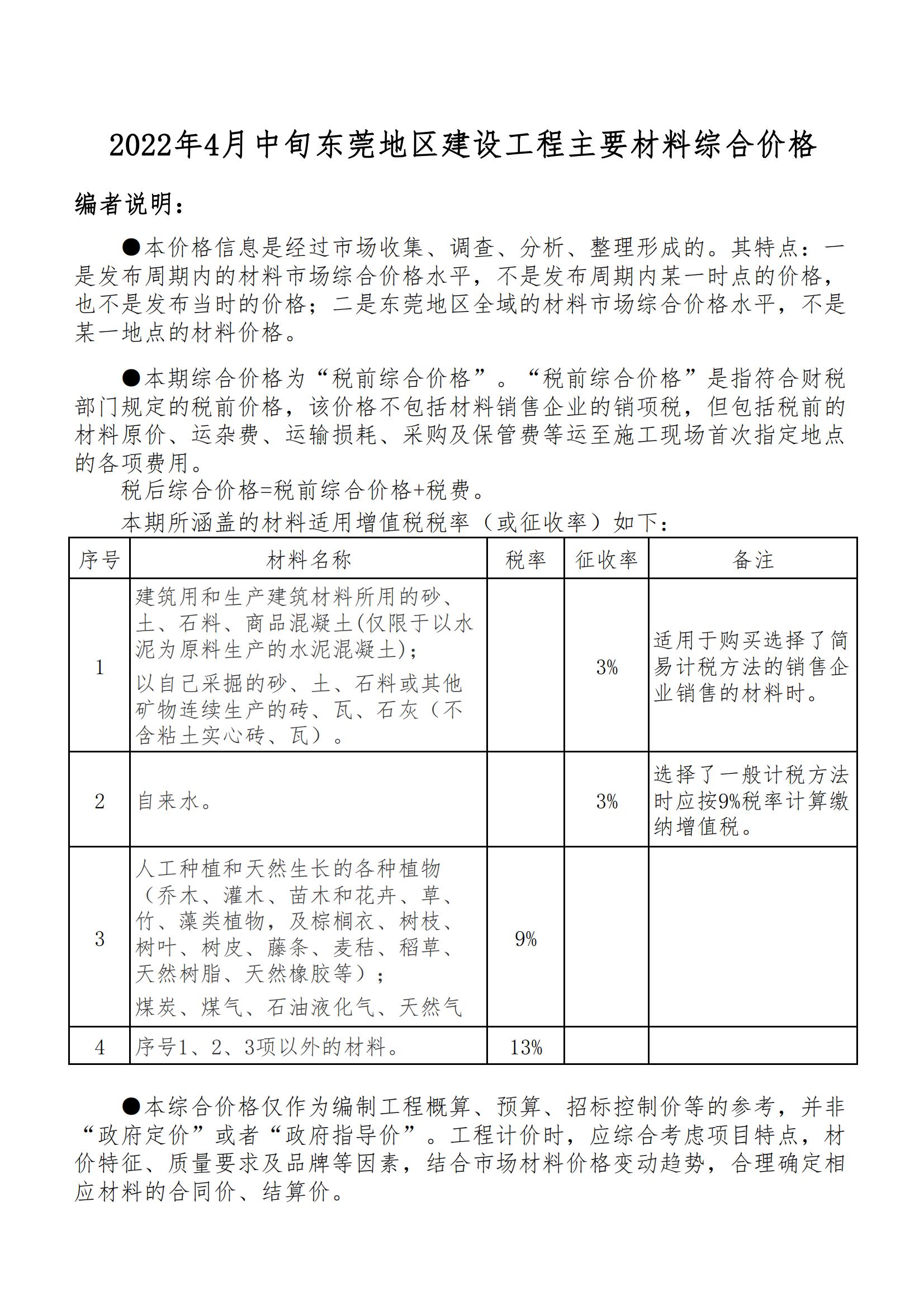 2022年4月中旬东莞地区建设工程主要材料综合价格