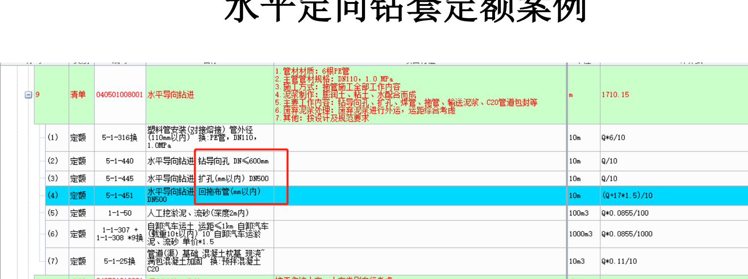 请问老师，水平定向钻中，为什么要套第一条定额，第四条不是有布管了吗