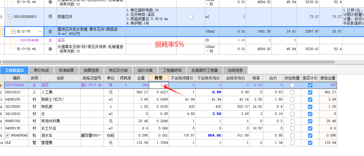 广东园林绿植定额主材怎么调整数量，是不是数量*16*1.05
