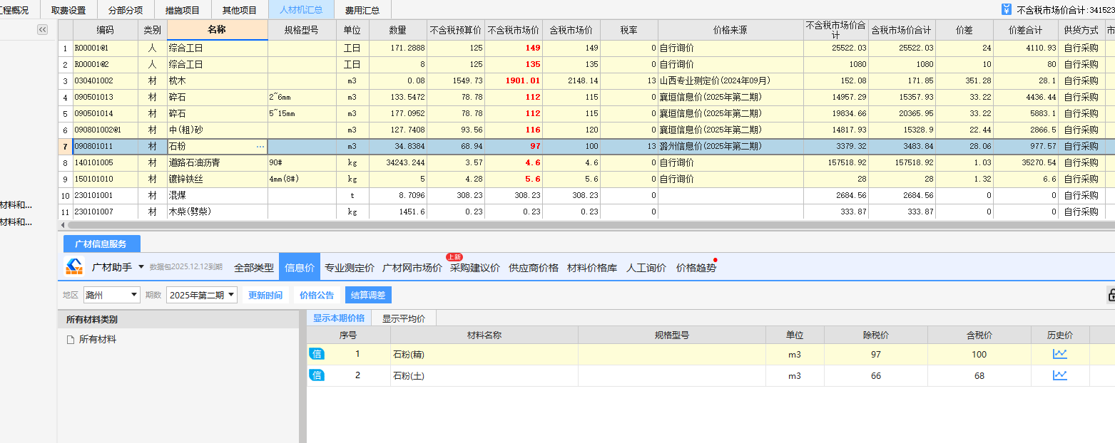 加工中粒式混凝土中的石粉采用信息是哪一个：石粉（精）单价是102，石粉（土）单价是66