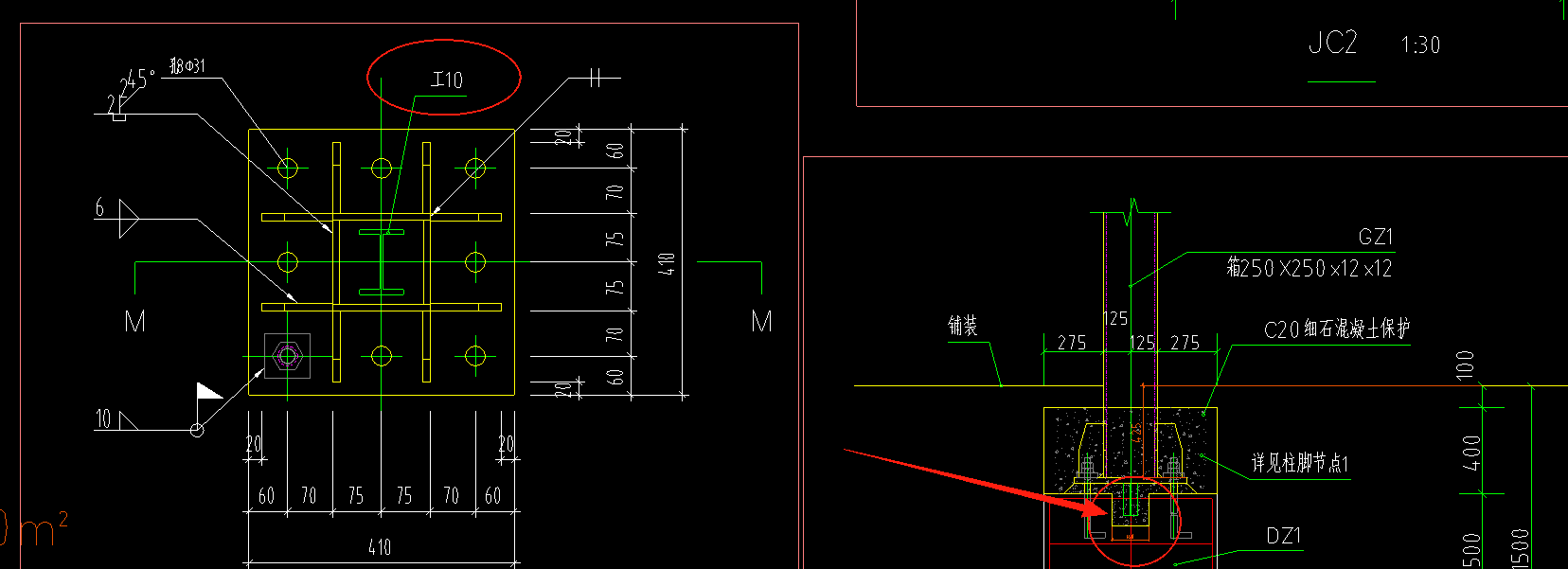 请问这个图工字钢10是在箱型钢柱的下面吗？算做预埋件吗？